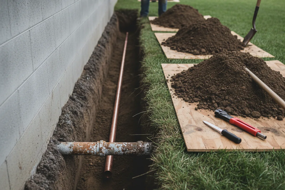 Excavated water line trench during Water Heater Repair in Arkansas City